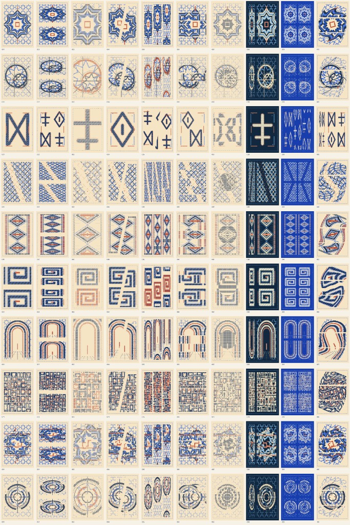 Planche-contact des oeuvres de TASARUT.TXT : dix chapitres (zellige, tastir, Tifinagh, moucharabieh, tapis amazigh, koufi, arcs et medina, plan de medina, glitch, astrolabe), chacune en variations claires, nocturnes et bleu de minuit.
