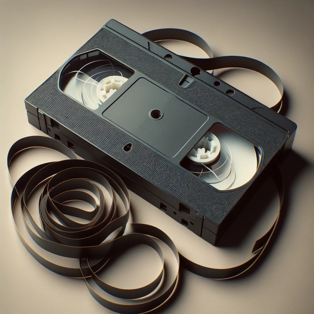 DALL·E 2023-10-30 17.06.42 - Photo of a real VHS cassette with its magnetic tape partially unraveled, placed on a neutral background