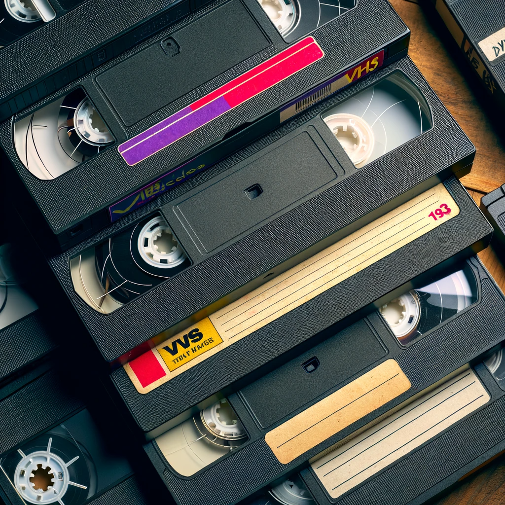DALL·E 2023-10-30 17.06.43 - Photo of several real VHS tapes stacked together, showcasing their labels and the visible part of the magnetic tape