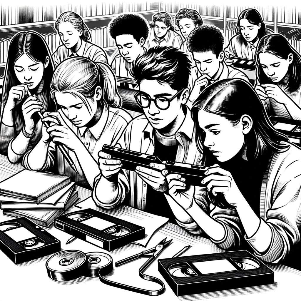 DALL·E 2023-10-30 17.09.41 - Black and white illustration of a diverse group of students in a classroom setting, closely examining and experimenting with VHS tapes, with clear lin