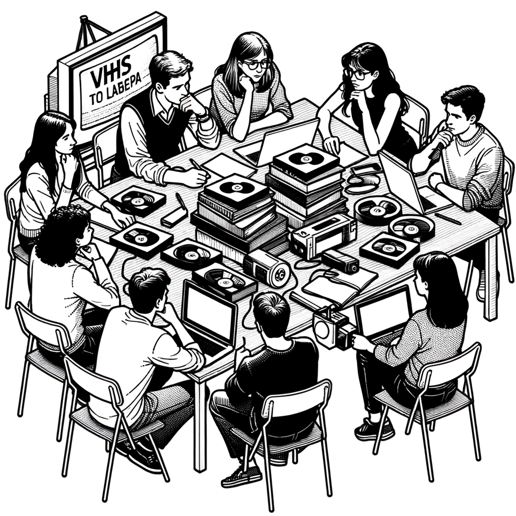 DALL·E 2023-10-30 17.09.48 - Black and white line drawing of several students collaborating around a table, surrounded by VHS tapes, projectors, and laptops, engaged in deep discu